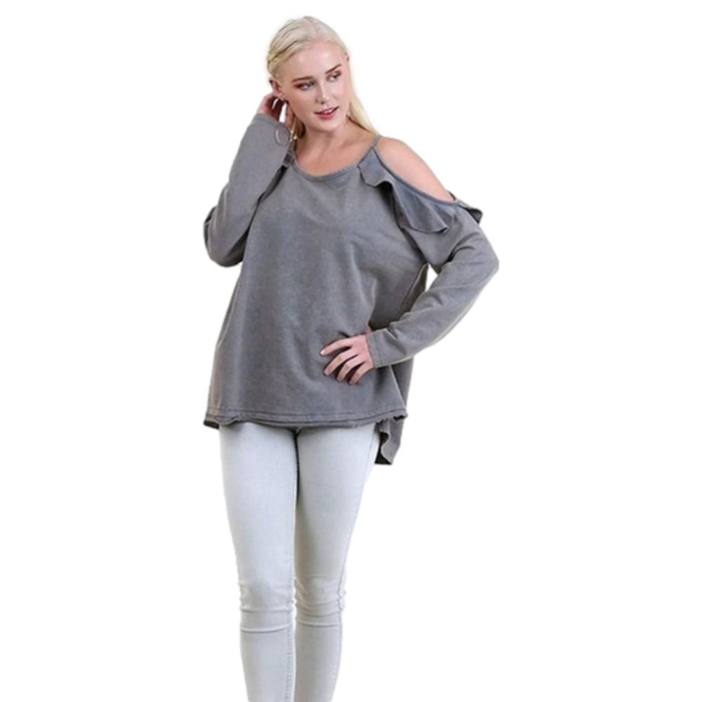 Umgee Women's Ruffled Open Shoulder Long Sleeve Tunic Top
